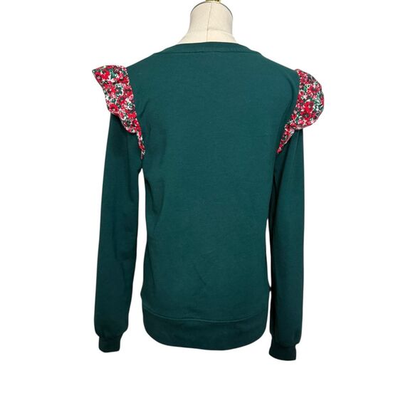 J. Crew Women’s Small Floral Ruffle Sleeve Sweater Green Crewneck Cottage - Picture 8 of 10